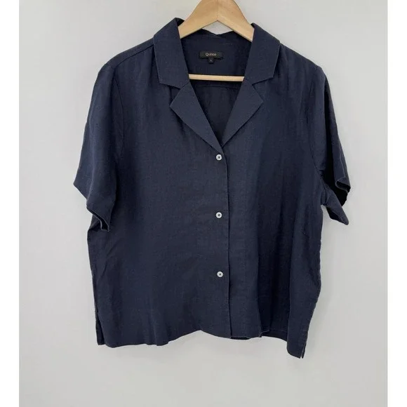 Quince Navy Blue 100% European Linen Button Up Blouse Sz L Boho Lagenlook - Picture 2 of 7